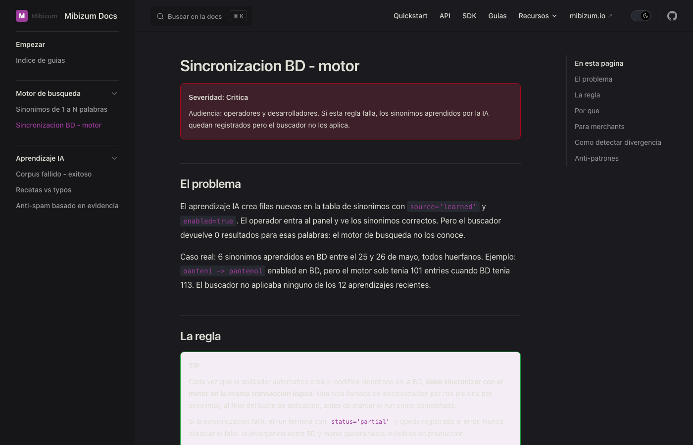 Pagina de guia con sidebar jerarquico y TOC derecho