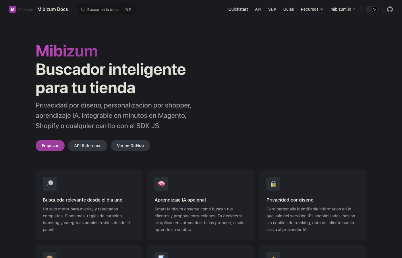 Home de docs.mibizum.io en modo oscuro