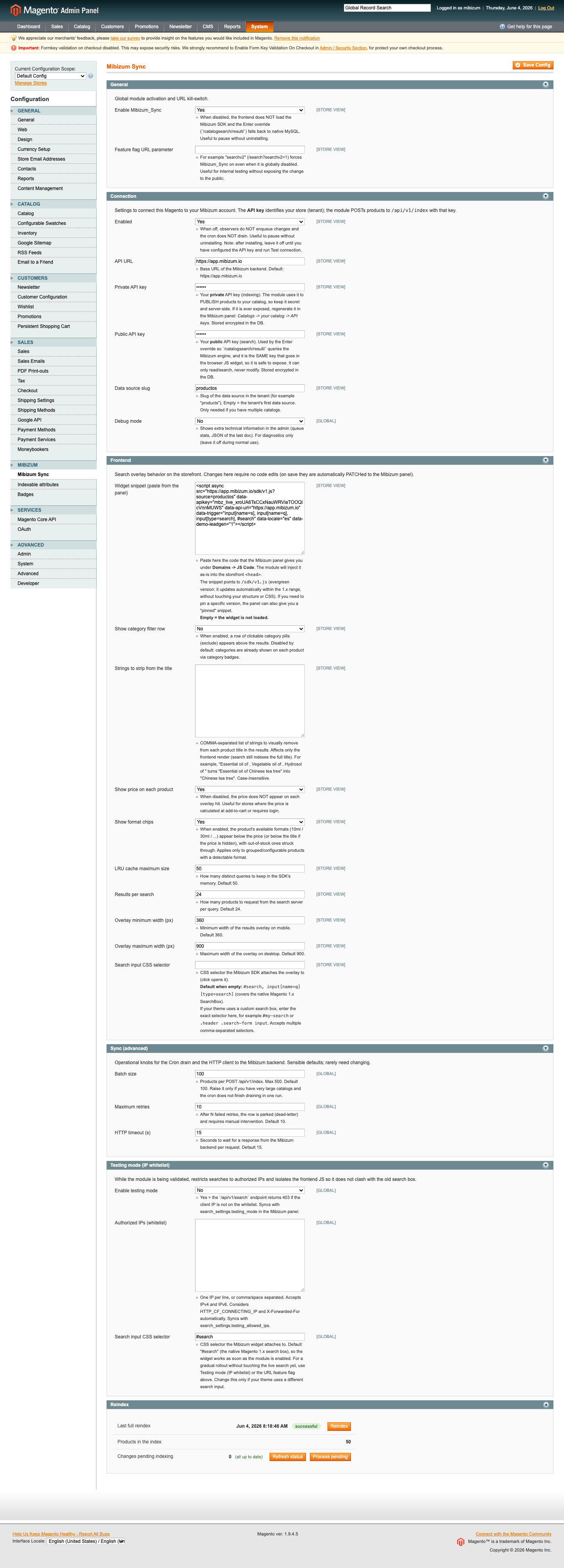 Configuración de Mibizum Sync con el selector de ámbito (arriba a la izquierda) para elegir la vista de tienda.