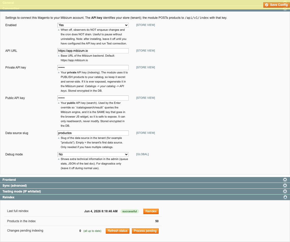 Bloque Connection con los campos Enabled, API URL, las dos claves y el slug.