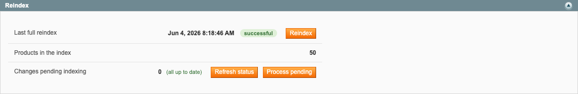 Panel Reindex: estado del último reindexado, contadores (productos en el índice y cambios pendientes) y botones de acción.