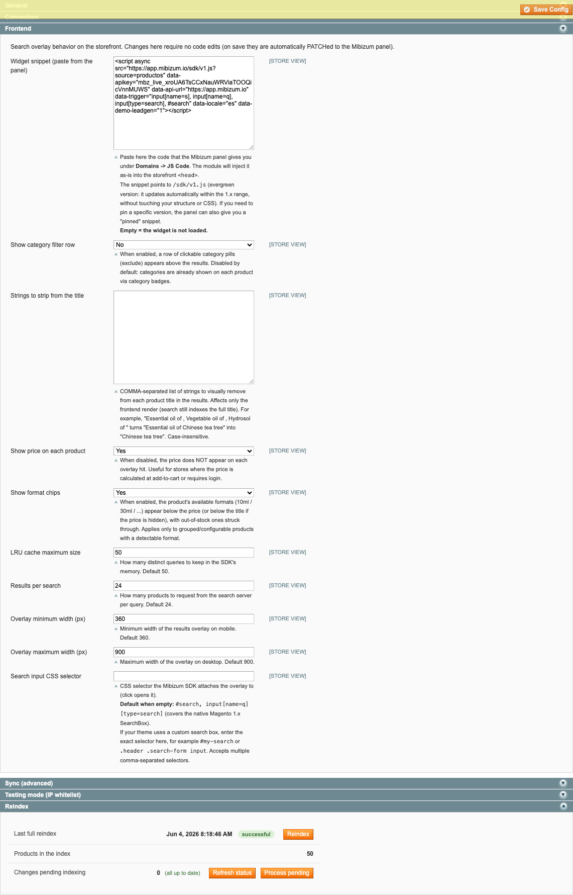 Bloque Frontend con las opciones de presentación de resultados.