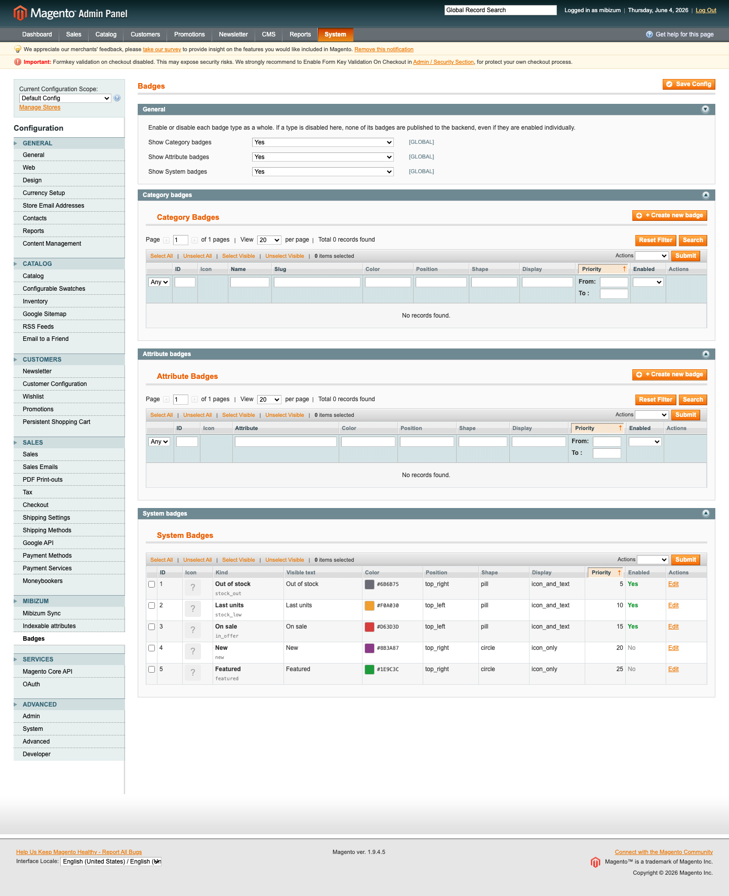 Pantalla Badges de Mibizum Sync: tablas de Category badges, Attribute badges y System badges con su color, posición y forma.