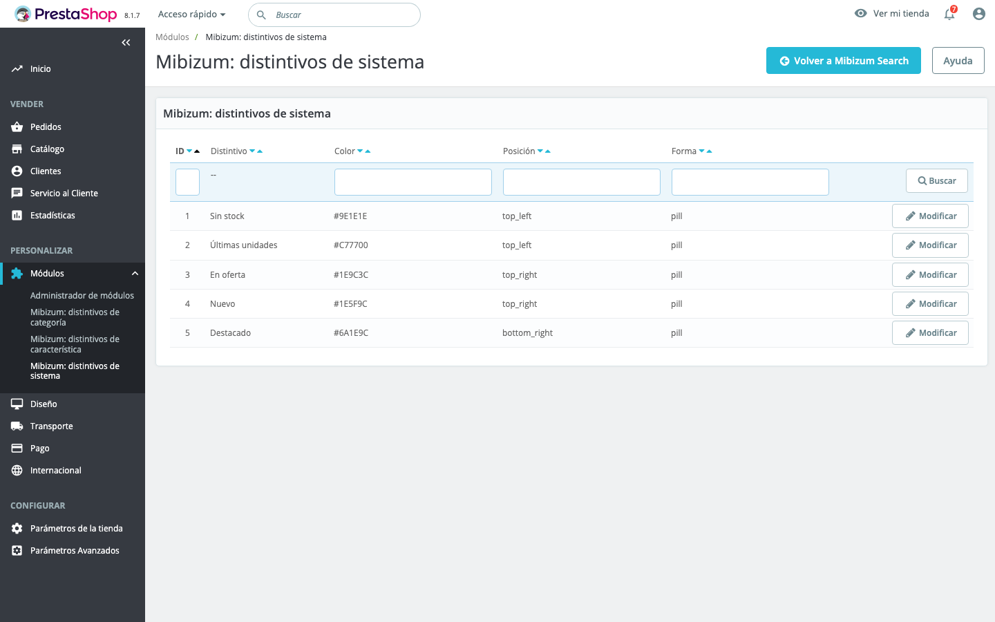 Listado de badges de sistema: los cinco tipos con su color, posición y forma.