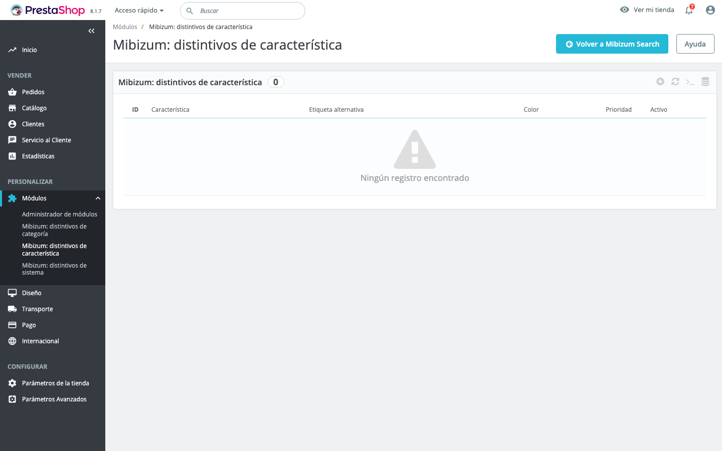 Listado de badges de característica en el back office.