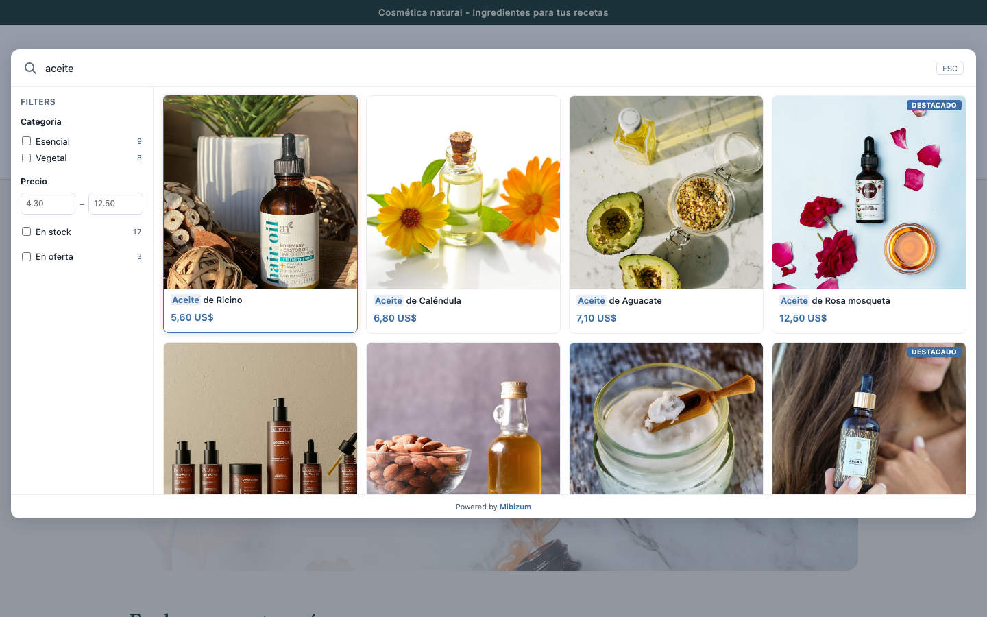 Buscador instantáneo de Mibizum sobre una tienda WooCommerce real: resultados de «aceite» con imágenes, precio y etiquetas.