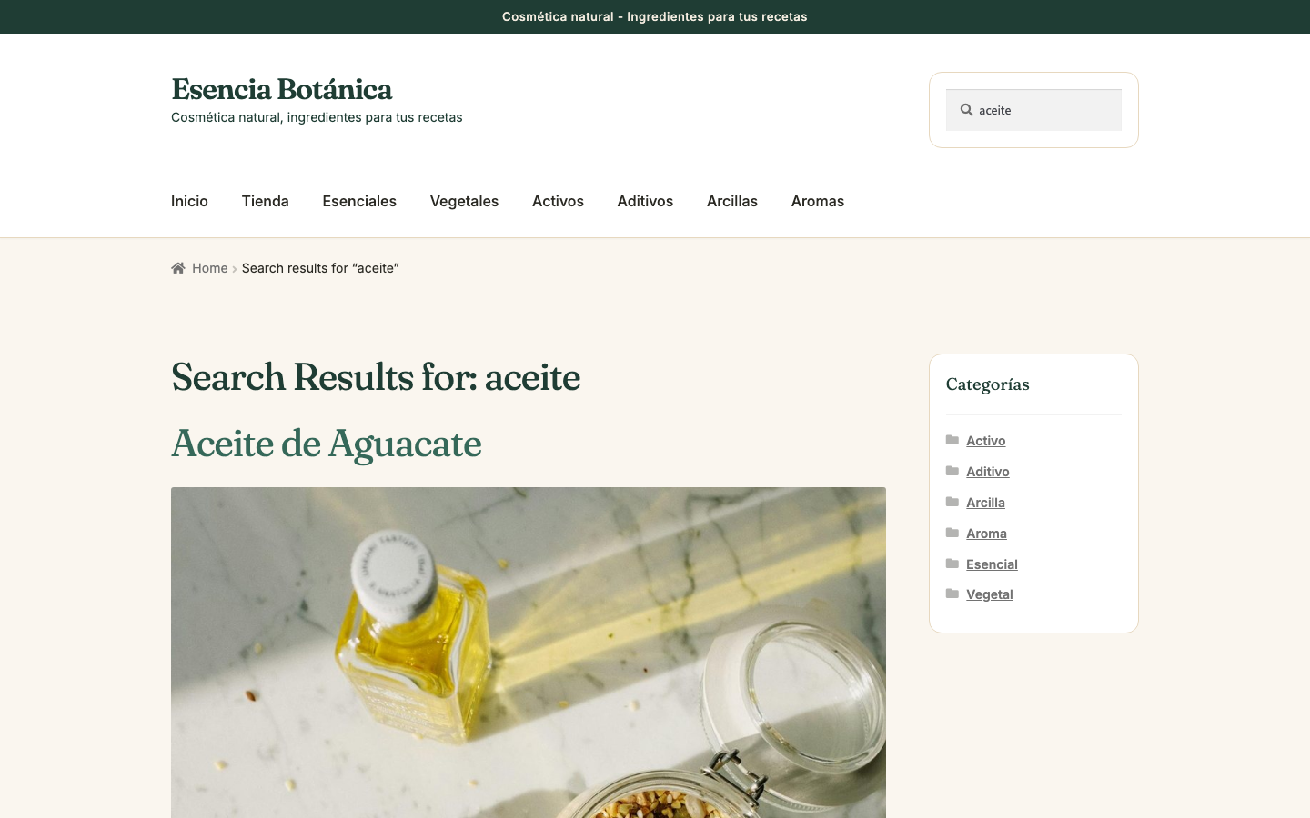 Página de resultados servida por el motor de Mibizum: búsqueda de "aceite" con los productos ordenados por relevancia.