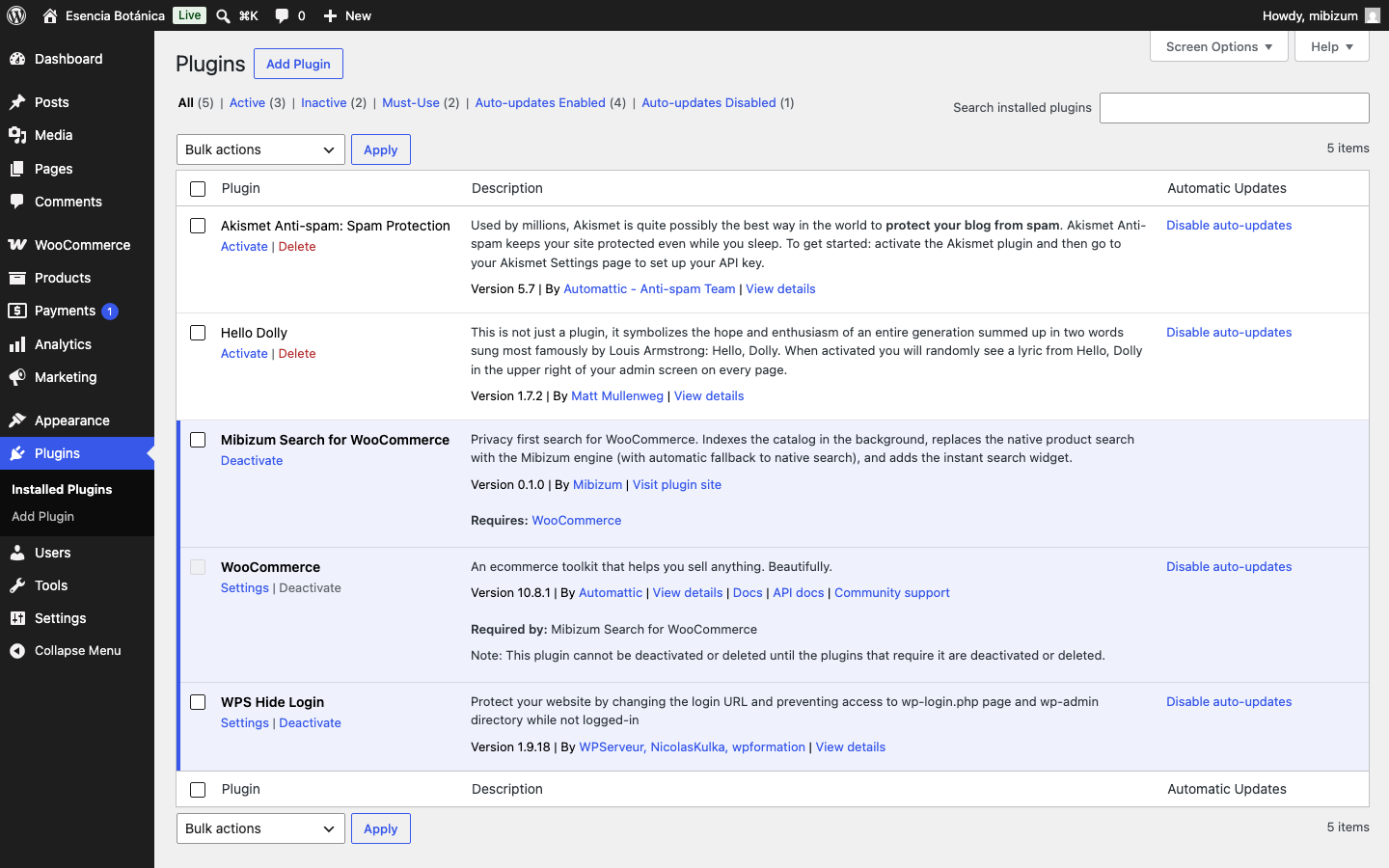 Lista de plugins de WordPress con Mibizum Search activo.