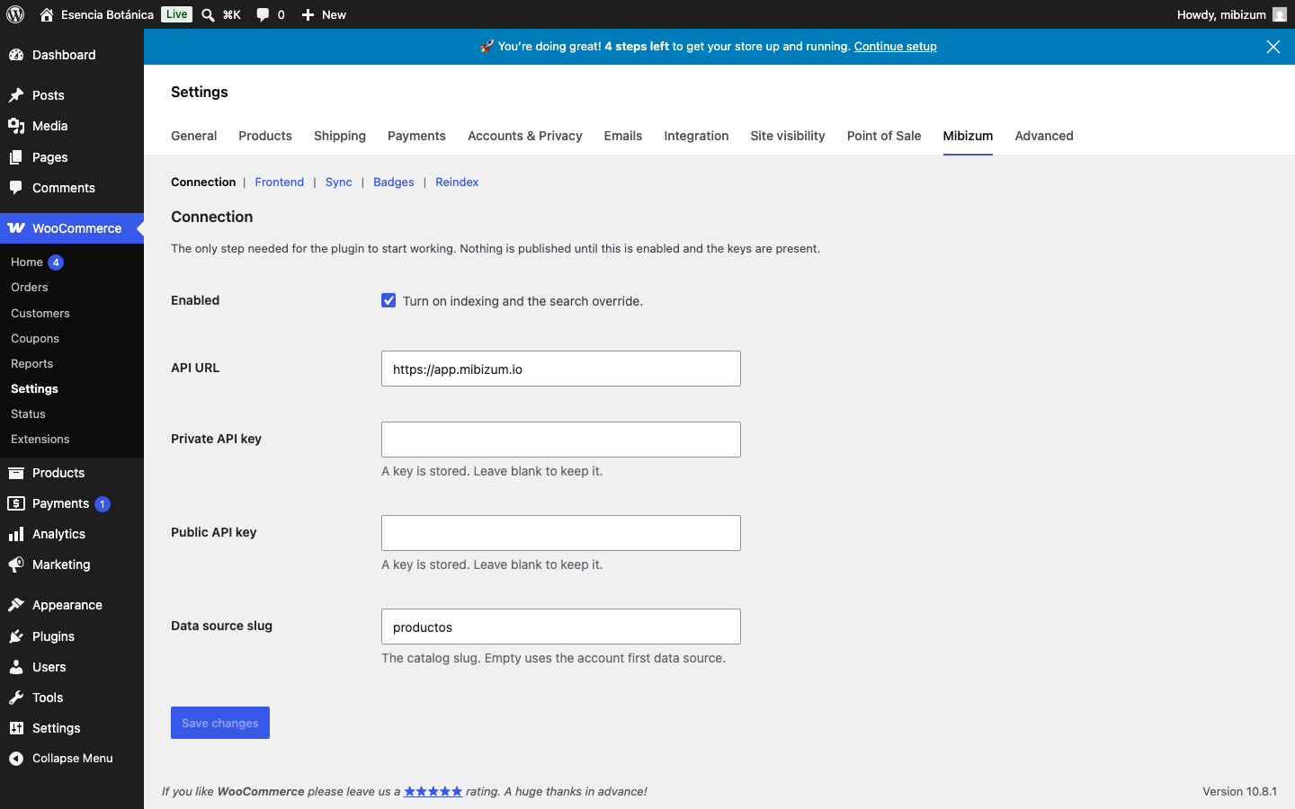 Sección Conexión de la pestaña Mibizum: Enabled, API URL, las dos claves y el slug del origen de datos.