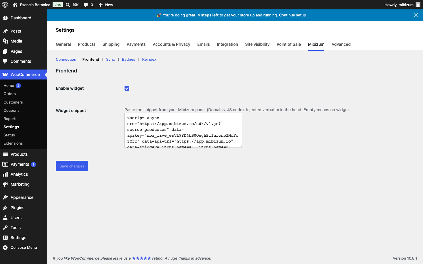 Sección Frontend de la pestaña Mibizum: interruptor Enable widget y el campo Widget snippet.