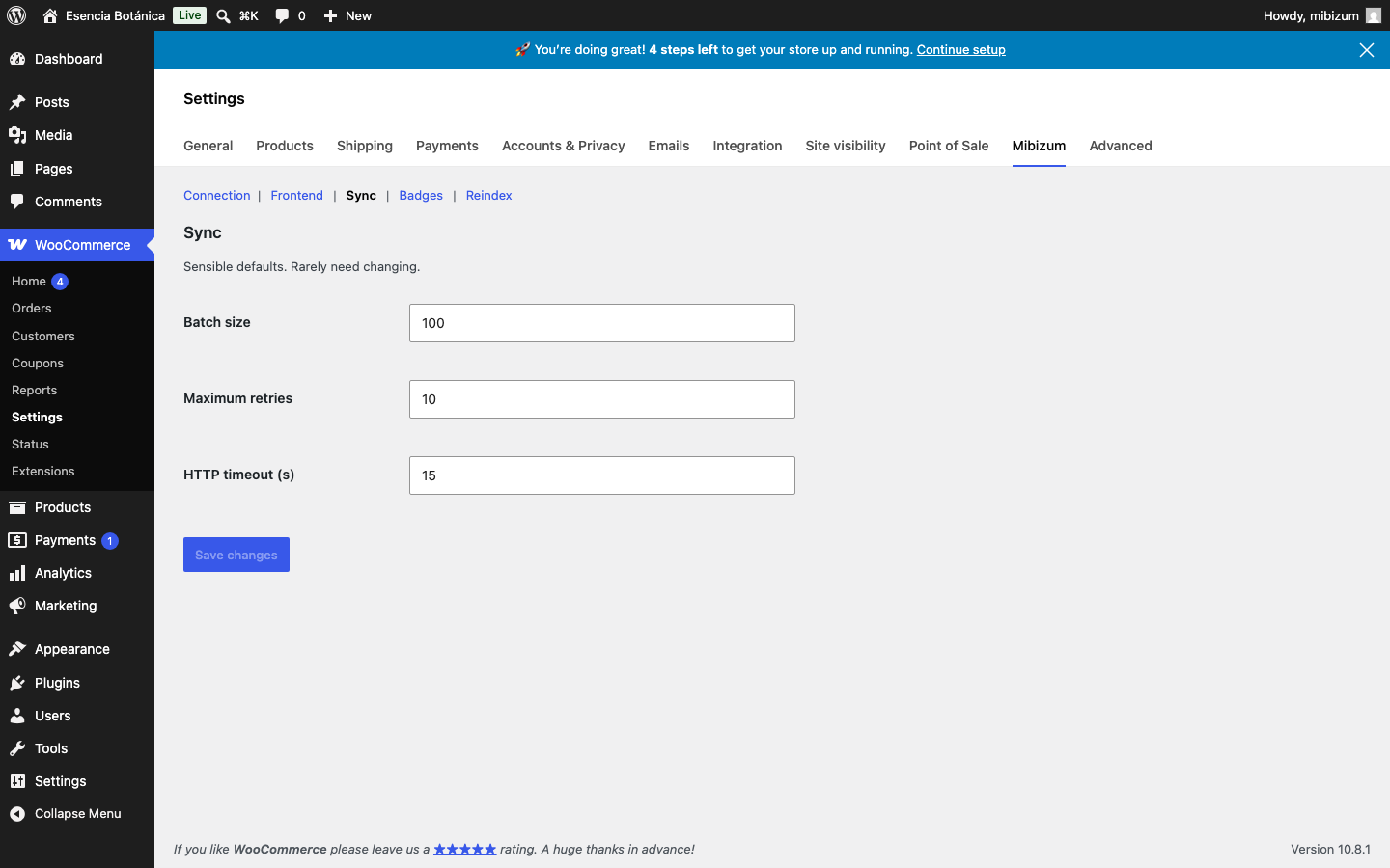 Sección Sync de la pestaña Mibizum: batch size, reintentos máximos y timeout HTTP.